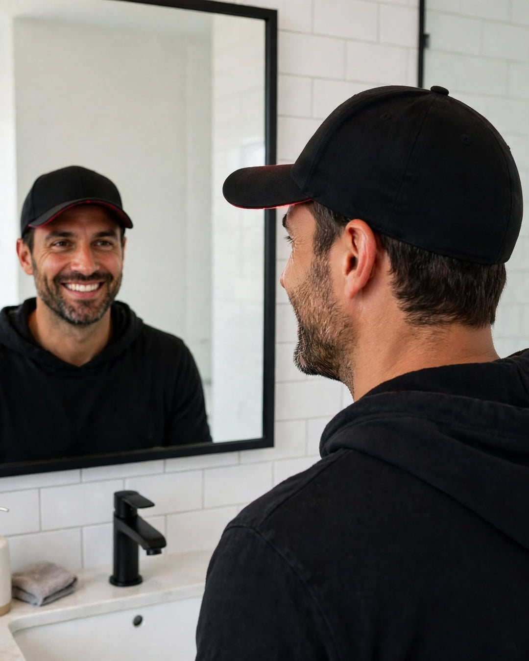 Hombre con la gorra LED capilar Weels Hair frente al espejo