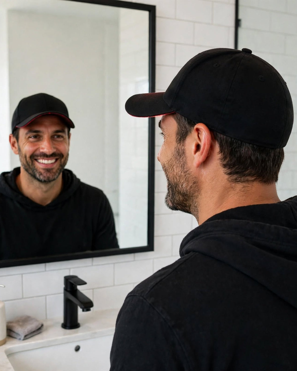 Hombre con la gorra LED capilar Weels Hair frente al espejo