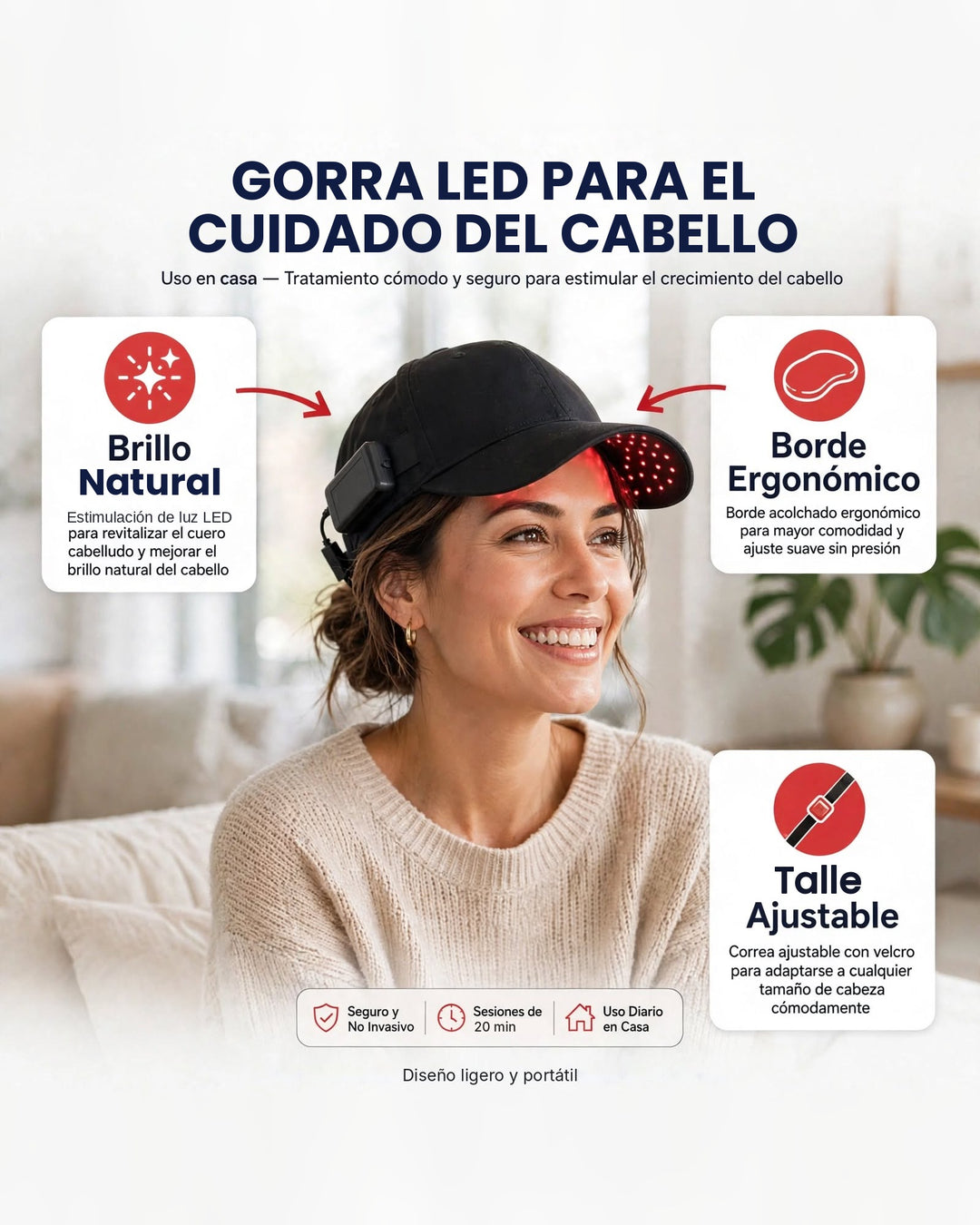 Mujer usando la gorra LED capilar Weels Hair