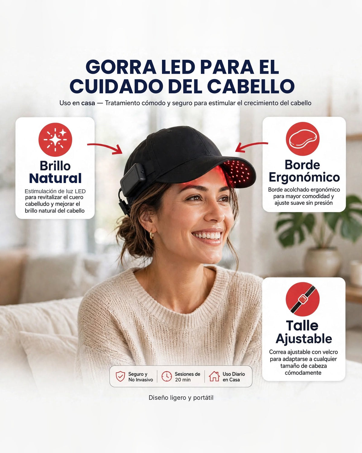 Mujer usando la gorra LED capilar Weels Hair